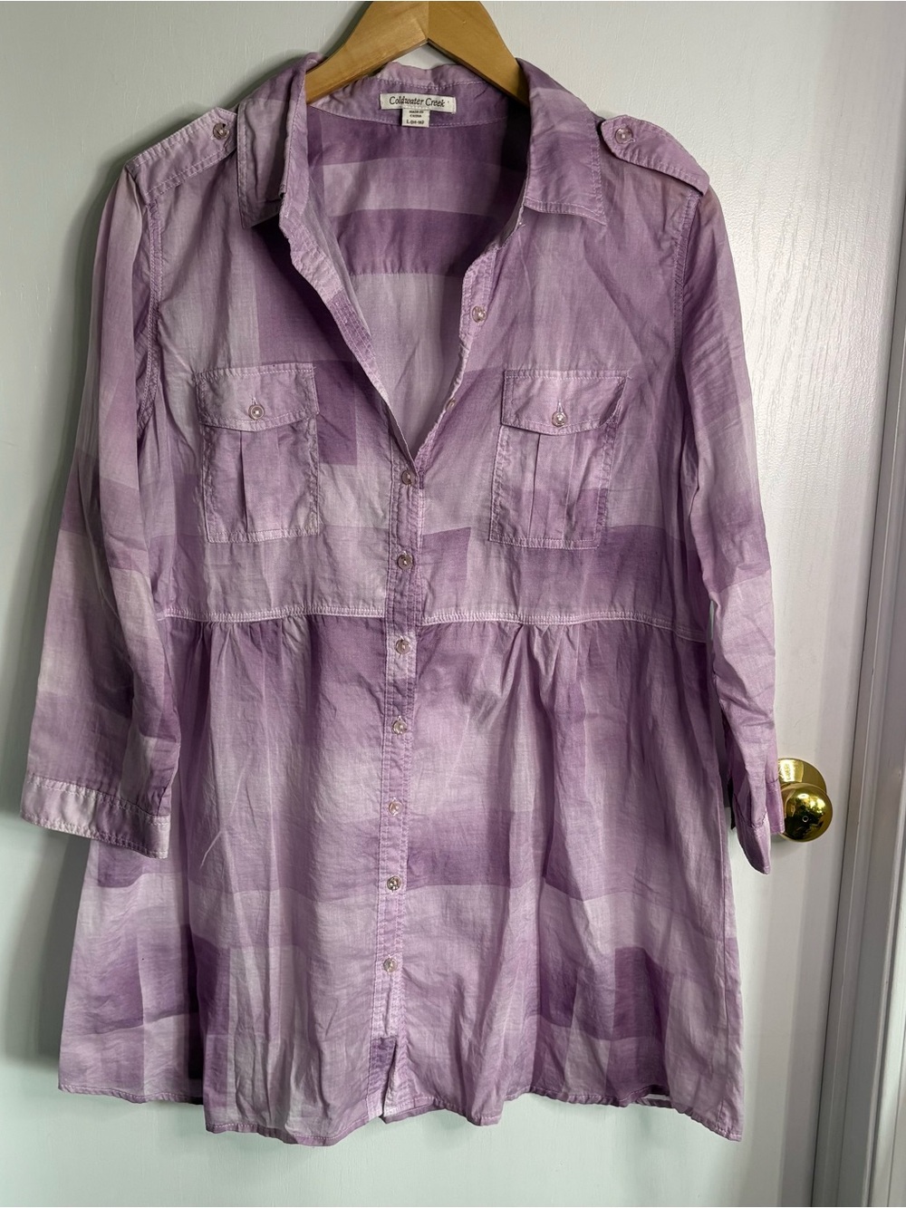 Coldwater Creek Purple Plaid Button-Front Collared Tunic Woven Cotton L Babydoll
